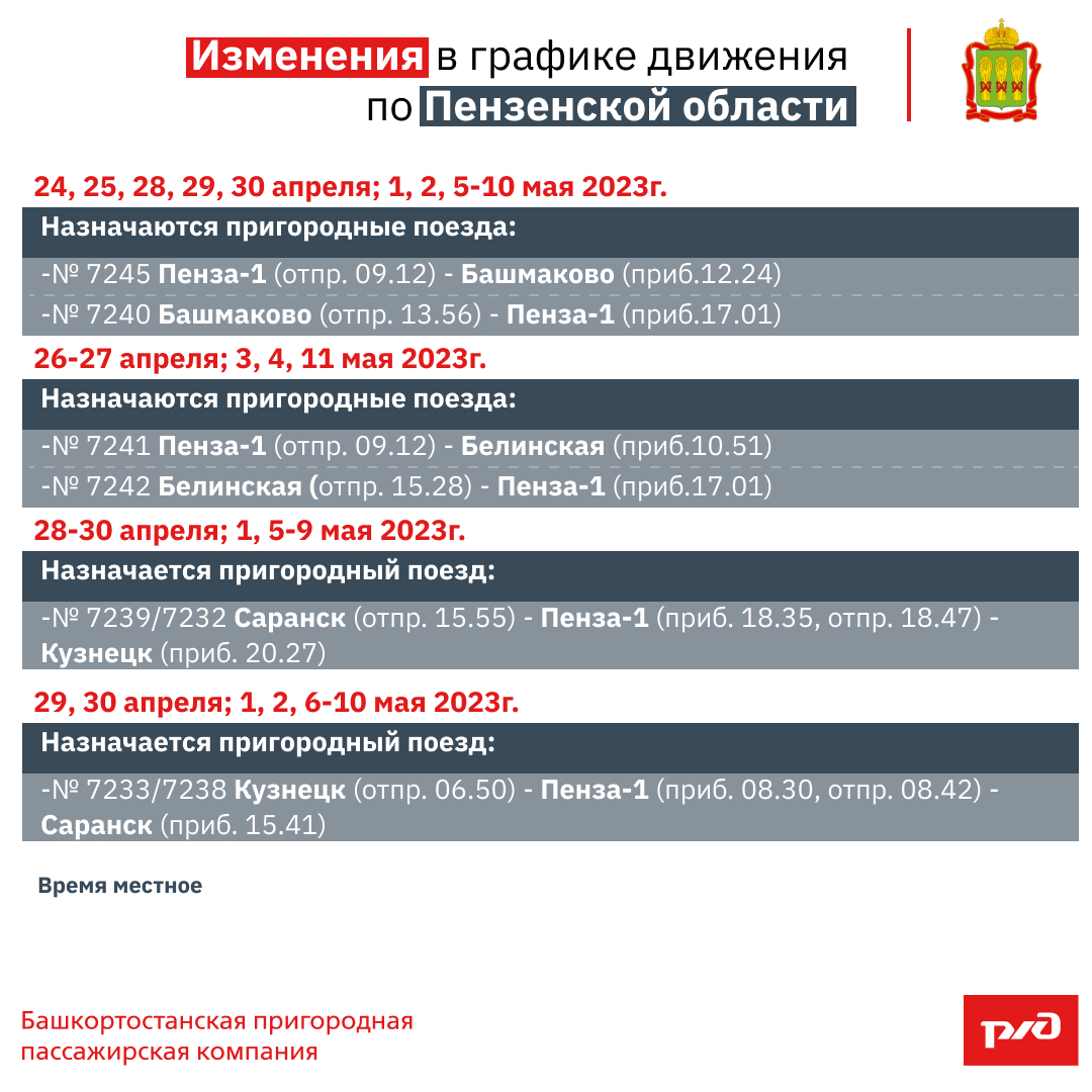 Изменения в графике движения по Пензенской области